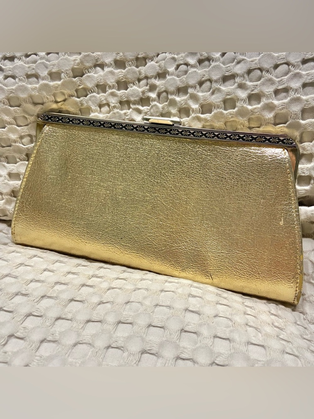Vtg 80s Metallic Gold Clutch Hidden Chain Evening Bag Vintage